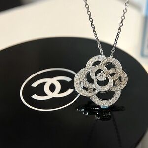 CHANEL Silver Camellia Pavé Crystal Flower Necklace